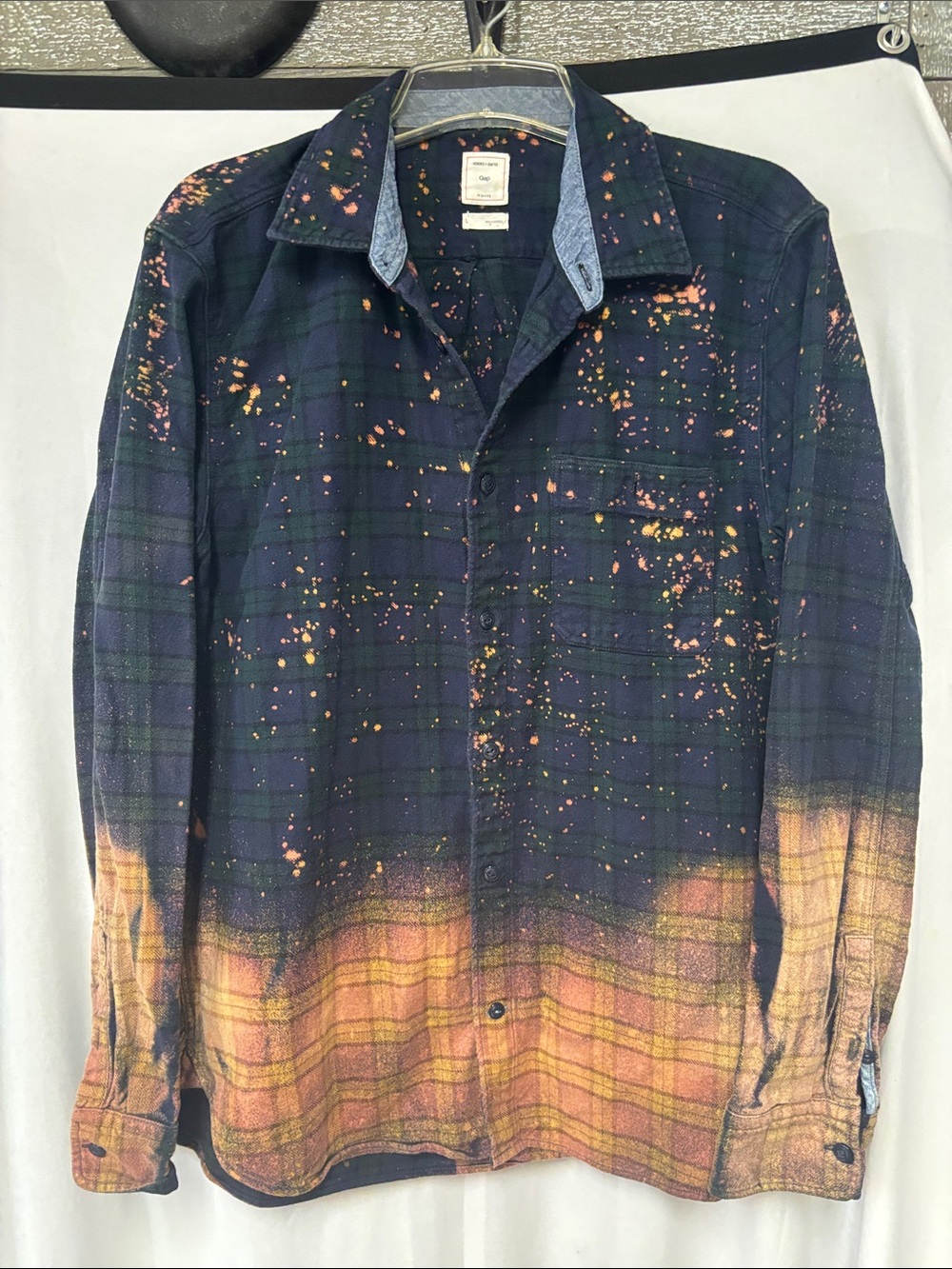 Gap Black & Orange Bleach-Splatter Plaid Button-Down Shirt